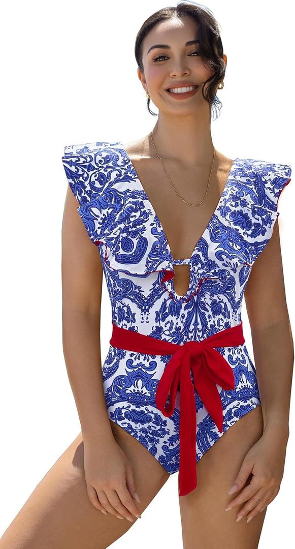 SPORLIKE Women One Piece Swimsuit V-Neck Ruffle Bathing Suit Padded Monokini (Small, Blue Print)