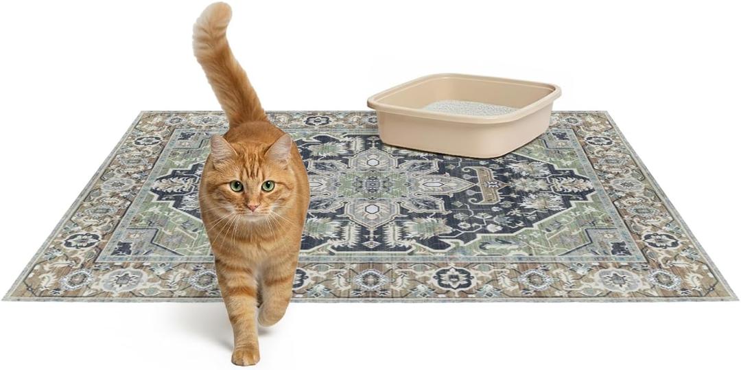 Lovewag Pets Cat Litter Mat 2 Pack - Large 36x48 Machine Washable Easy Clean Non-Slip Waterproof Mats for Cats - (Sage Forest)