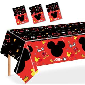 3PCS Mouse Party Tablecloth, Black Red Plastic Tablecover Disposable Table Cloths Decor for Boys 1st 2nd 3rd Party Decorations Supplies, 86.6 x 51.2in