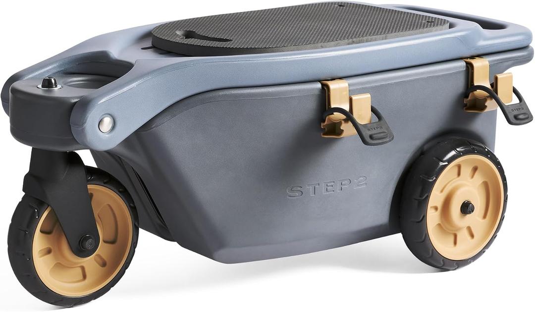 Step2 EverTough Garden Hopper Rolling Gardening Cart with Seat, Heavy-Duty Wheels, Tool Storage, Durable Resin Yard Wagon, Easy to Clean, 300 lb Capacity