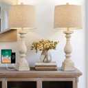BOBOMOMO 27" Table Lamp with USB C+A Charging Ports Set of 2 Antique Nightstand Lamp for Bedroom Living Room Farmhouse Office Retro Rustic Resin Bedside Desk Lamps Washed White (2 Pack Rotary Switch-Beige)
