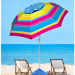 8FT Large Beach Umbrella with Level 7 Wind Resistance, Sand Anchor, Portable Outdoor Umbrella with UPF50+ UV Protection, Tilt Sun Shelter for Beach, Patio, Yard