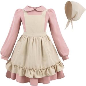 Nuoqi Prairie Dress Girls Pioneer Colonial Costume Long Sleeve 1800s Victorian Dress with Apron, 4-5, Pink