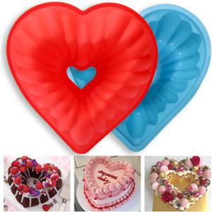 Palksky Heart Shaped Novelty Cake Pans, 2PCS 9 Inch Heart Flut Cake Molds, Silicone Molds for Baking Bundt Cake Nonstick, Heart Baking Pan for Valentine'S Day, Wedding (Red and Blue)