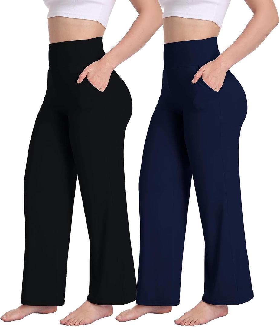 Cheapestbuy 2/3 Pack Women's Wide Leg Lounge Pants High Waisted Comfy Yoag Pants Stretch Loose Sweatpants with Pockets Small