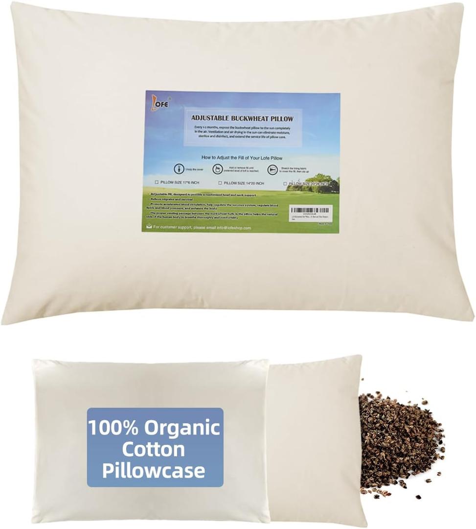 LOFE Organic Buckwheat Pillow for Sleeping with Organic Cotton Pillowcase - 14''x20'' Adjustable Pillow, Breathable for Cool Sleep, Cervical Support for Back and Side Sleepers(Tartary Buckwheat Hulls) (Off White(pure))