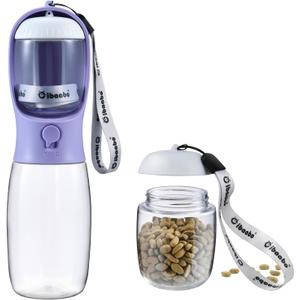 Dog Water Bottle with Food Container, Travel Puppy Water Bowl, Portable Pet Dispenser, Dog Stuff Accessories Items, Puppy Essentials Necessities for Yorkie Chihuahua Cat Walking and Hiking (19oz, #06 Purple)