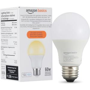 Amazon Basics Smart A19 LED Light Bulb, Dimmable Soft White (2700K), 9W (60W Equivalent), 800LM, Works with Alexa Only, Energy Efficient, 2.4 GHz Wi-Fi, No Hub Required, 1-Pack