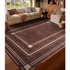 YIHOUSE Brown Bordered Bedroom Rugs 5x7, Non-Slip Washable Farmhouse Living Room Rug, Ultra-Soft Low-Pile Indoor Carpets, Stain-Resistant Vintage Polka Dot Rugs for Dining Room, Office