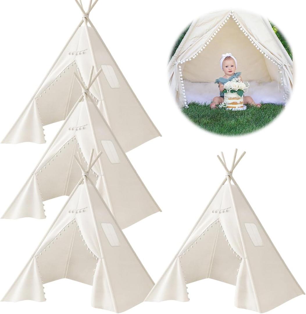 4 PCS Teepee Tent for Kids,Washable Tapered Kids Teepee Tent,Bohemian White Collapsible Sleepover Tents,for Boys and Girls Sleepover Pajamas Party Birthday SPA