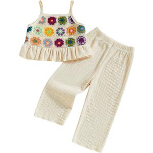 Baby Girl Outfits Crocheted Ruffled Camisole And Elastic Pants Set 
Beige, 18-24 Months