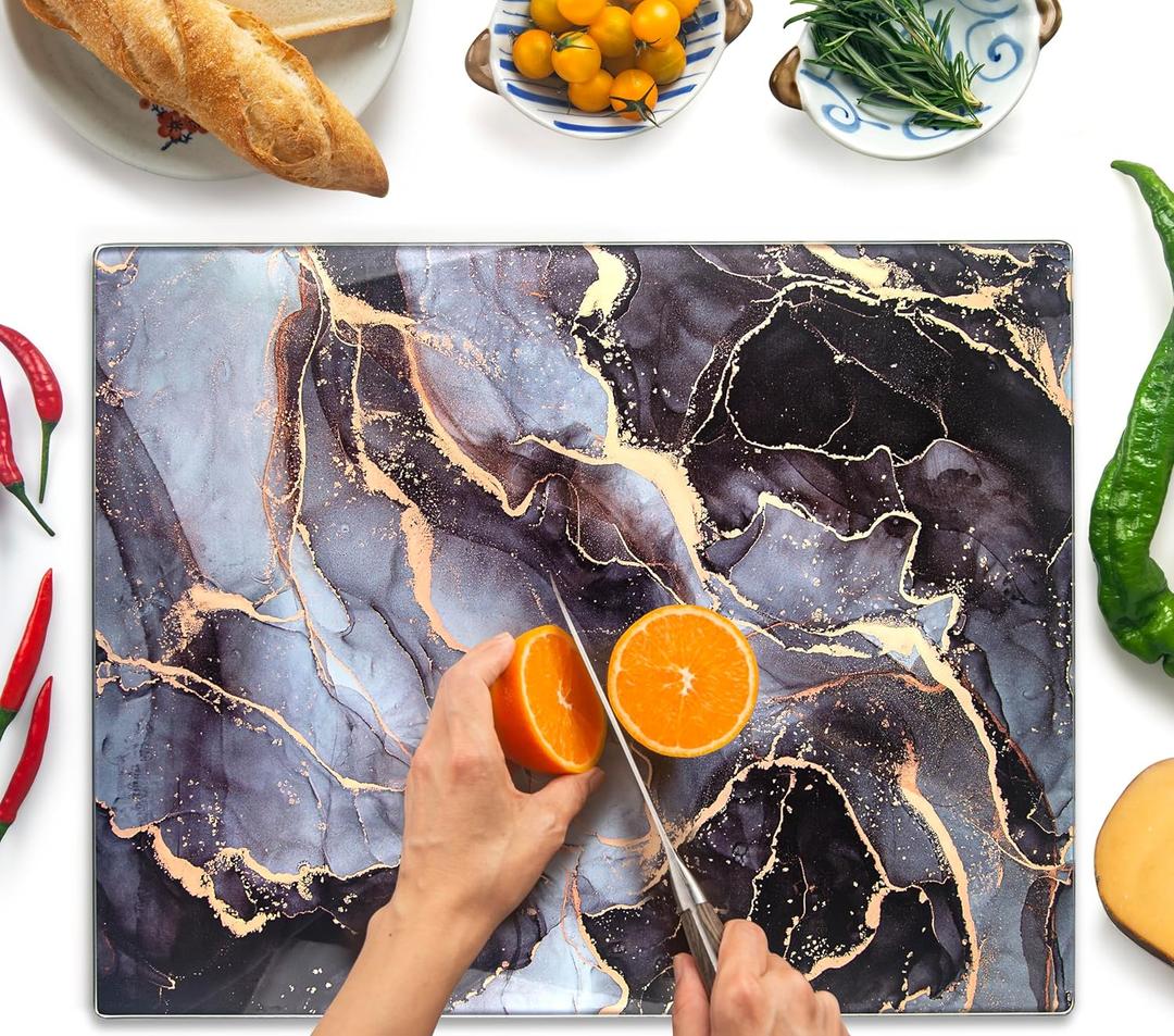Kitchenville Glass Cutting Board 20x16: Tempered Glass Kitchen Counter Protector - Durable- Scratch-Resistant, Heat-Proof - Design 8 - Grey & Gold