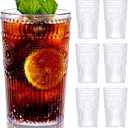 Ciaell 12 Pack Romantic Plastic Water Glasses - 14 Oz Clear Vintage Drinking Glasses, Embossed Ribbed Plastic Cups, Textured Striped Drinkware Set for Juice, Beverages, Beer, Cocktail