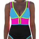 popvil Women One Piece Swimsuit 2025 Tummy Control Sexy Cutout Neon Color Block Bathing Suit Deep V Neck Adjustable Swimwear, Size: L