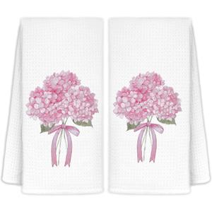 CIOJUNE Coquette Pink Hydrangea Floral Hand Towels for Bathroom Spa Gym, Preppy Aesthetic Floral Kitchen Towels, Rustic Hydrangea Flower Dish Tea Towels for Kitchen Decor, 16x24 Inch Set of 2