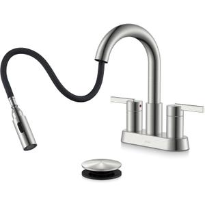 KENES Brushed Nickel Pull Down Bathroom Faucet, 4 Inch 2 Handle Centerset Bathroom Faucet 3 Hole with Pull Out Sprayer, Bathroom Sink Faucet with Pop Up Drain & Supply Lines LJ-9069