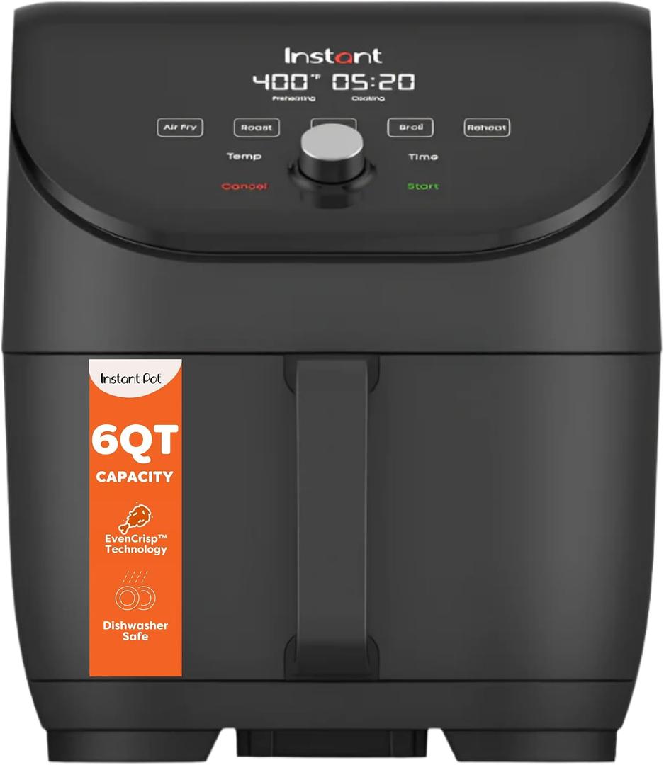 Instant Pot Vortex Slim XL 6QT Air Fryer that Crisps, Roasts, Reheats, Bakes, Broils & is Quiet, Space Saving, Nonstick, Dishwasher-Safe, 100+ In-App Recipes, from the Makers of Instant Pot, Black, 6 Quarts