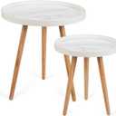 Round Side Table Set of 2,White Marble Pattern Tray Shaped Small End Table,Circle Nightstand for Living Room, Bedroom and Any Small Space,Easy Assemble and Clean