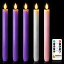 LED Advent Candles Set of 5, Flameless Taper Candles with Remote, Battery Operated Taper Candlestick Flickering, 3 Purple, 1 Pink, 1 White for Christmas Wreath