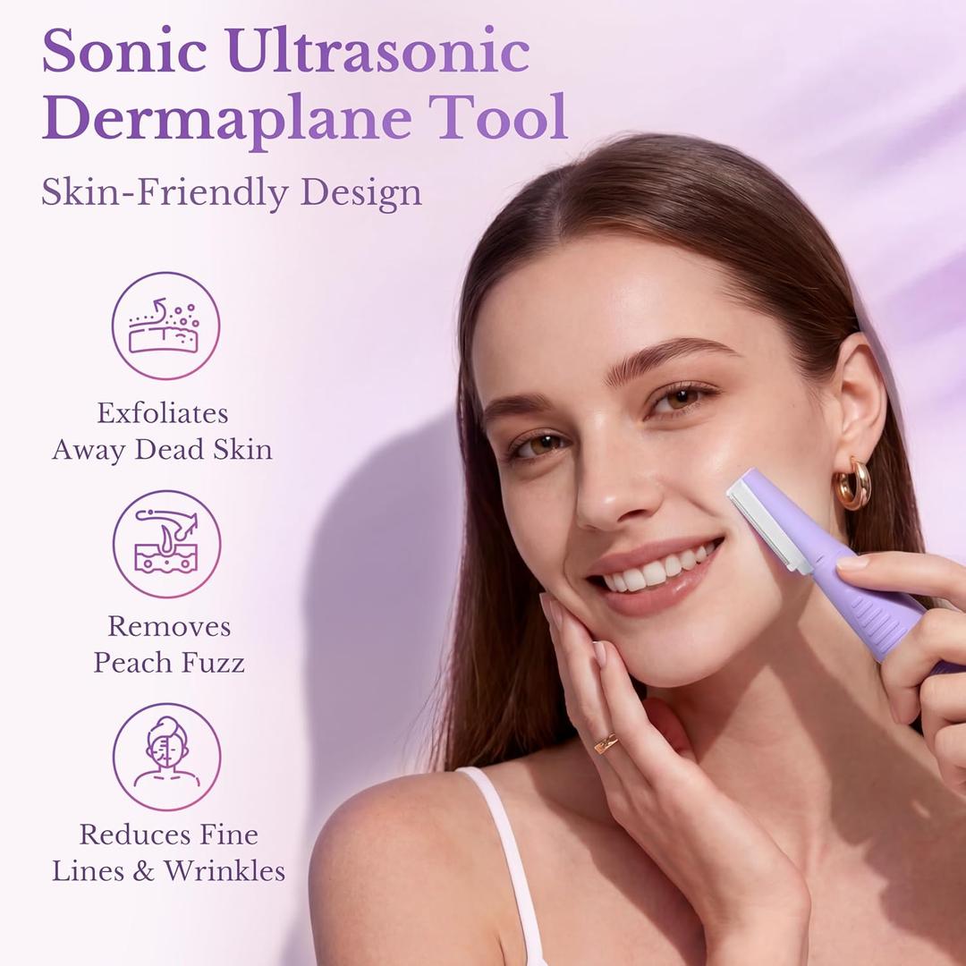 Sonic Dermaplane Razor for Women Face, Smooth Exfoliation & Peach Fuzz Facial Hair Removal, Edge Technology with LED Light, 3 Speeds Rechargeable Dermaplaning Tool with 12 Replacement Blades, Purple