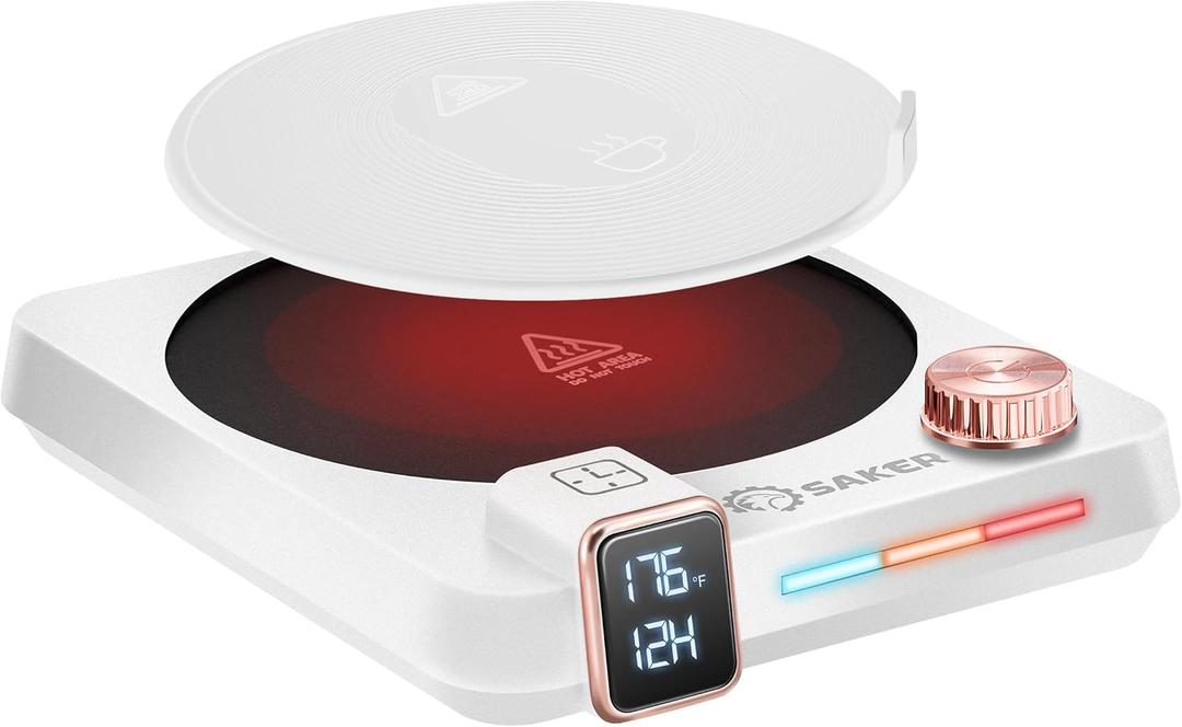 Saker Coffee Mug Warmer,9-Temp Settings with Temperature and Time Display, Auto Shut Off Smart Candle Warmer with Reservation Feature Cup Heater,Knob Adjustment with Anti-Scalding Silicone(White)