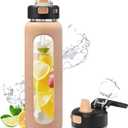 Kodrine 32 oz Glass Water Bottle with Straw and Carry Loop, One-Touch Leakproof Locking Lid, Reusable Drinking Bottle with Time Marker for Travel Home Gym Sports (Amber)