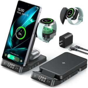 Wireless Charging Station for Samsung Devices with Alarm Clock, 3 in 1 Foldable Wireless Charger for S26 Ultra S25/Z Fold 7/6/Z Flip, Galaxy Watch Charger for Samsung Watch Ultra/8/7, Buds
