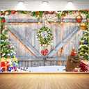 Christmas Photo Backdrop for Photography, Rustic Barn Wood Door Backdrops for Photoshoot, Xmas Tree Snow Red Gift Christmas Party Decorations 8x6ft
