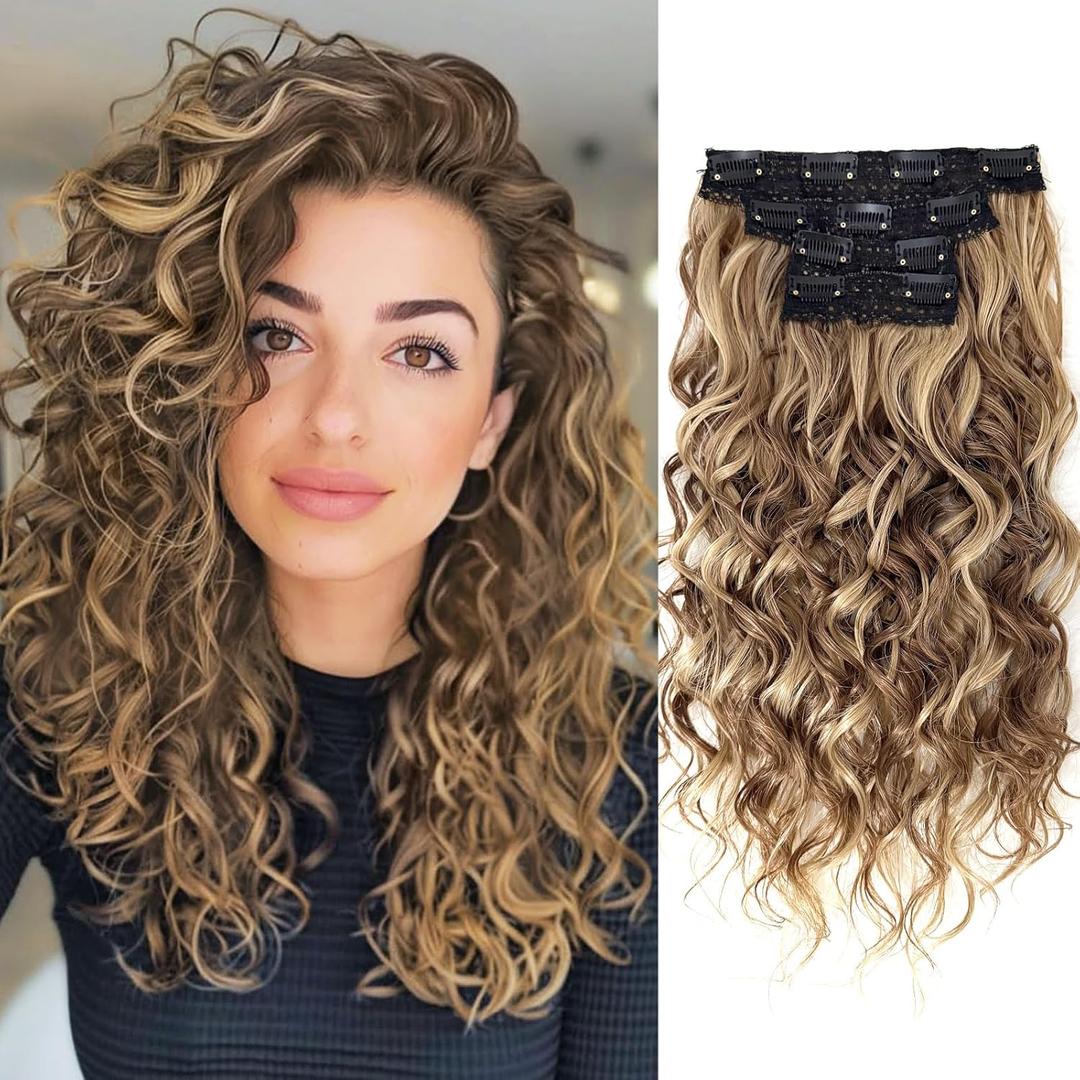 Clip in Hair Extensions, LEOSA 4PCS 16 inch Curly Hair Extensions Short Soft Natural Hairpiece Lace Weft Curly Wave Clip Ins Extensions Invisible for Women, Ash Brown with Blonde Highlights