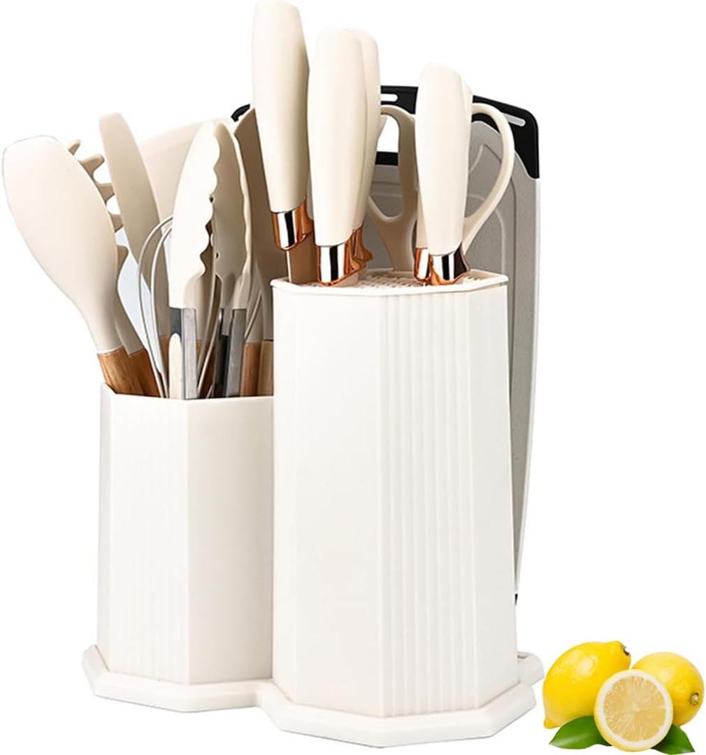 Kitchen Utensils Set,19 Pcs Cooking Tools and Knives Set,Cutting Board, Silverware Set, with Utensil Holder Precision Cutting and Organized Dining Kitchen Tool (White)
