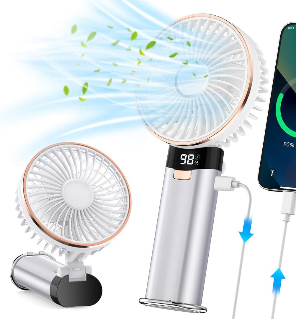 Portable Handheld Fan, 4 in 1 5200mAh USB Rechargeable Foldable Personal Hand Held Fan with Metal Handle, Power Bank, LED Display, 6 Speeds for Travel/Summer/Concerts/Lash, Gifts for Men Women