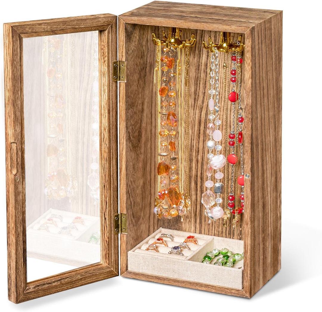 SINGLBA Necklace Holder Organizer, Wooden Jewelry Box for Women Girls, Rotatable Jewelry Organizer Case with Ring Tray Display & Storage for Necklaces Bracelets Rings Earrings, Gifts for Women Her (Carbonized Brown)