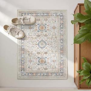 jinchan Area Rug 2x3 Washable Entryway Rug Distressed Orange Multi Vintage Floral Kitchen Print Floor Cover Indoor Doormat Retro Bathroom Living Room Bedroom Office Farmhouse