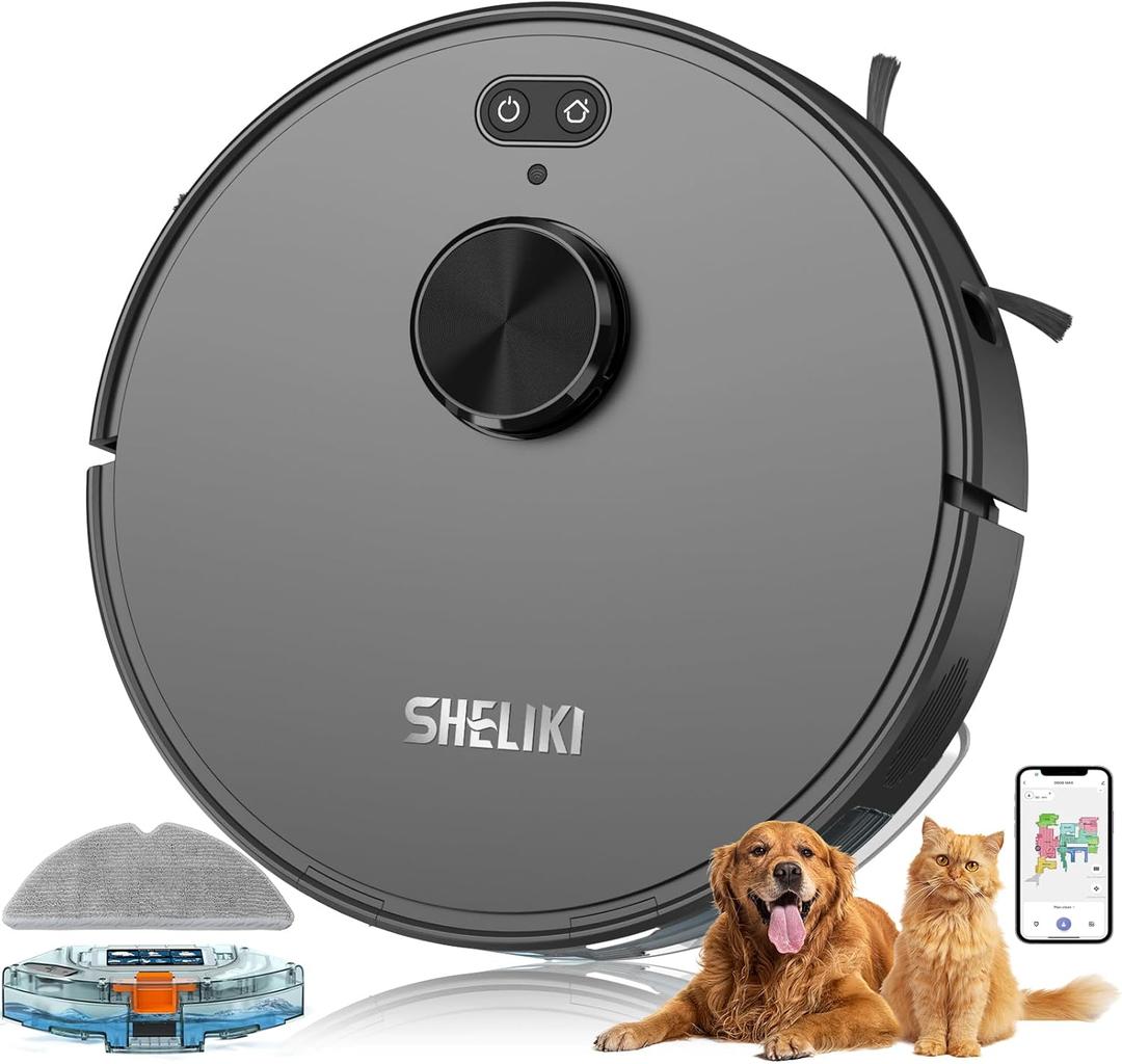 SHELIKI Robot Vacuum and Mop, Mapping Robotic Vacuums Cleaner with LiDAR Navigation Smart & Strong Suction, WiFi/App/Alexa/Voice Control, Obstacle Avoidance, for Home, Wood/Hard Floors, Pet Hair (Jet-black)