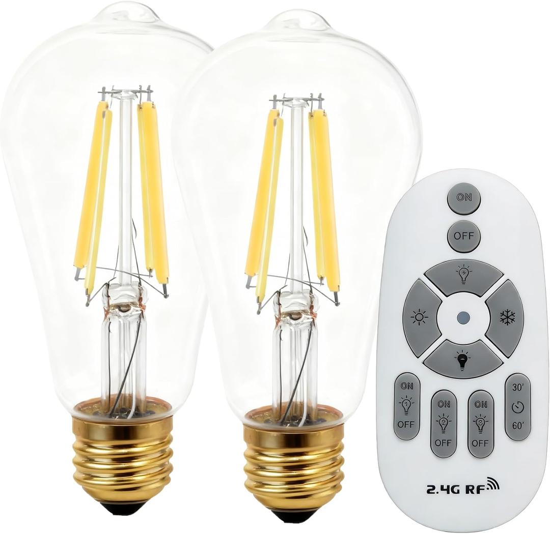 Dimmable LED Light Bulbs with Remote, E26 Base Remote Control Light Bulb Dimmable 2700K-6000K, ST64 Vintage Edison Bulbs for Lamp, 2 Pack (2 Bulbs+1 Remote)