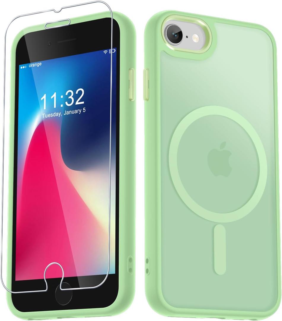 for iPhone SE Case 2022(3rd)/2020(2nd), iPhone 8/7 Case, with 1 Screen Protector, Matte Magnetic Slim Phone Cover, Support for Magsafe, Shockproof Protection Translucent Frosted Back,Mint Green