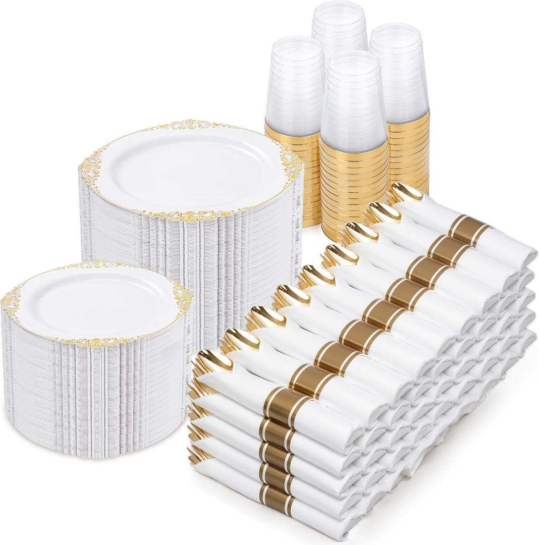 Nervure 700PCS Gold Plastic Plates - Gold Plastic Dinnerware Sets for 100 Guests - 200 Disposable Plates, 300 Silverware, 100 Cups, 100 Napkins for Wedding & Party