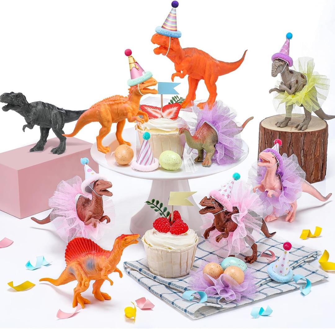 Weysat 27 Pcs Dinosaur Birthday Party Decorations Animal Cake Toppers with Mini Hat with Pom Poms Dinosaur Figure Model Cake Decoration with Mini Skirt and Hat for Animals Themed Party