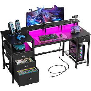 Furologee 60" Black Computer Desk with 4 Drawers and Printer Space, Gaming Desk with LED Lights and USB Power Outlets, Home Office Desk with Fabric File Cabinet,Study Work Table with Shelf for Bedroom
