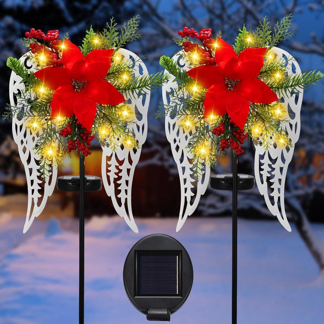 Baquler 2 Pack Christmas Outdoor Decorations Solar Stake Lights, Led Angel Wings Metal Stakes with Big Poinsettia Flower, Grave Pathway Lights for Lawn Garden Cemetery Decor