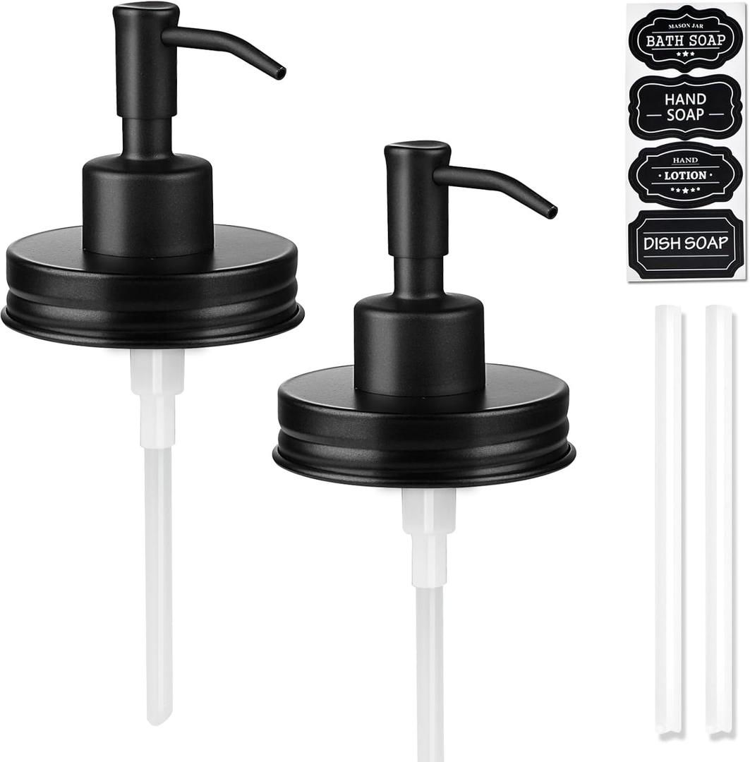 Amolliar Mason Jar Liquid Soap Dispenser Pump, Rust Proof Stainless Steel Lid, Cute Farmhouse Decor for Kitchen, Bathroom, Refill Liquid Soap Pump for Hand Soap, Dish Soap, Lotion Soap, Black 2 Pack