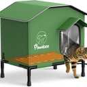Pawaboo Heated Cat House for Outdoor in Winter, Weatherproof Cats Shelter for Outside with Waterproof Awning & Elevated Base, Insulated Outdoor Cats House with Heater for Feral Barn Cat (S+20.9x19.3x12.6in, Green)