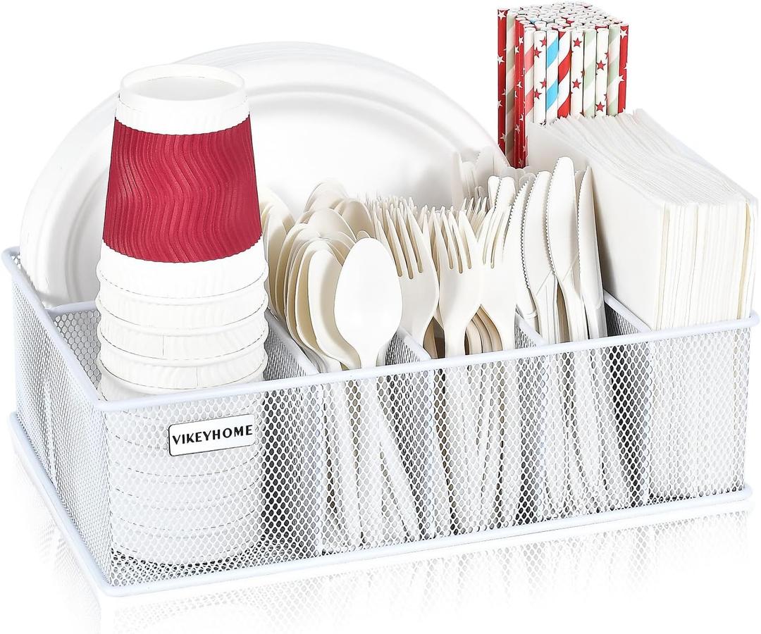 Paper Plate Organizer, Metal Silverware Caddy with 6 Compartments for Knives, Spoons, Cups, Forks, Napkins, Utensil Holder for Party, Camping, Picnic, White