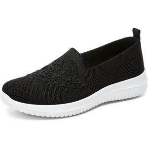 Myallfeet Women's Slip-On Knit Mesh Loafers Lightweight and Comfortable Breathable Mesh Walking Shoe Casual Embroidered Flat Loafers, 37