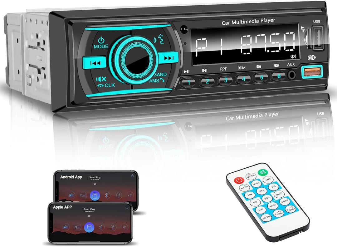 Car Stereo Bluetooth Single Din Radio, Car Audio with Push to Talk Assistant, Hands-Free Calling, FM/AUX/SD, Dual USB, 7 LED Colors, LCD & iOS/Android App Control for Cars, Boats & RVs (Black)
