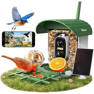 Bird Feeder with Camera, 10000 AI Smart Bird Feeders Solar Powered, 2.4G WiFi, 2K HD and Instant Alerts, Bird House Feeder for Outdoors, Ideal for Parents, Lovers(Green)