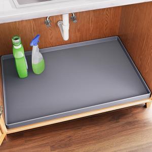 FLATO Waterproof Under Sink Mat 34" x 22" Shelf Liner for Kitchen and Bathroom, Cabinet Protector, Organizers and Storage, Flexible Silicone Drip Tray (Dark Gray)