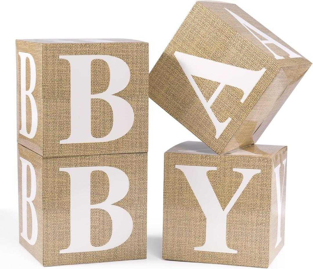 Baby Boxes with Letters for Baby Shower, 4pcs Balloon Boxes with Printed Letters for Gender Reveal Birthday Wedding Baby Shower Decorations(Burlap)