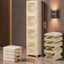 4-Tier Tall Narrow Bathroom Storage Cabinet with Doors and Adjustable Shelves Slim Foldable Cabinets with Wheels Small Spaces Plastic Organizers for Kitchen Laundry Room Bedroom Pantry,Beige