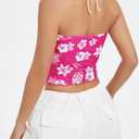 Women's Floral Print Halter Top Sweetheart Neck Ruched Tie Back Slim Fit Crop Tops (Pink, M)